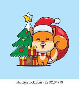 Cute squirrel carrying christmas gift. Cute christmas cartoon illustration. 