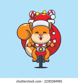 Cute squirrel carrying christmas gift with motorcycle. Cute christmas cartoon illustration. 