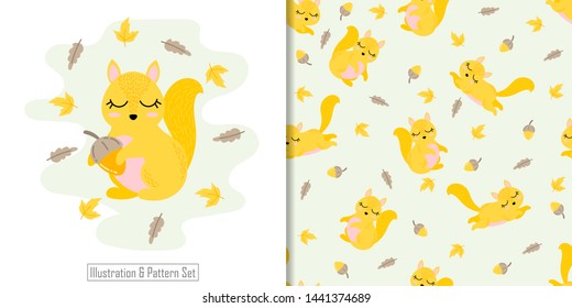 cute squirrel cartoon animal seamless pattern with illustration card set