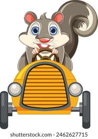 Cute squirrel cartoon character driving a yellow car
