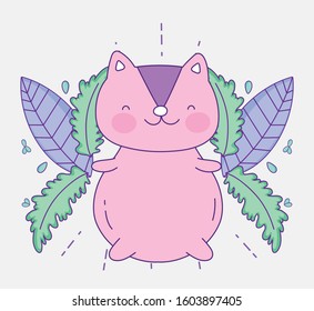cute squirrel cartoon character with foliage vector illustration