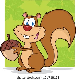 Cute Squirrel Cartoon Character Holding A Acorn
