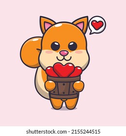 cute squirrel cartoon character holding love in wood bucket