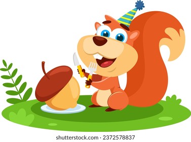 El Caricaturista De La Ardilla Cute Está Mirando A Un Acorde De Cumpleaños Con Una Horquilla Y Un Cuchillo. Diseño Plano De Ilustración Vectorial Aislado En Fondo Transparente