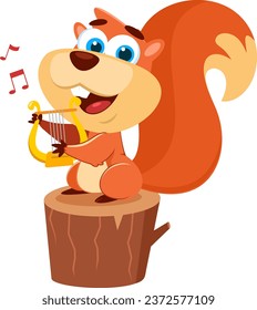 Cute Squirrel Cartoon Character Sing A Song With Harp. Vector Illustration Flat Design Isolated On Transparent Background