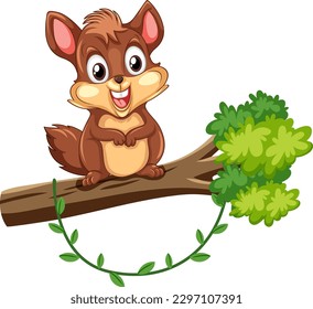 Cute squirrel cartoon character standing on tree branch illustration