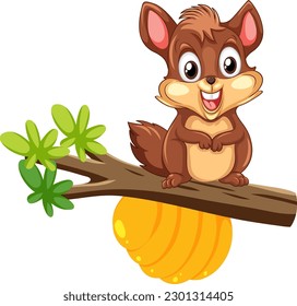 Cute squirrel cartoon character standing on tree branch illustration