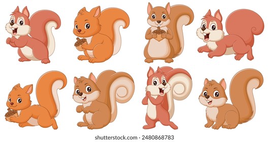 Cute squirrel cartoon collection set. Animal Nature Icon Concept Isolated Premium Vector. Vector illustration