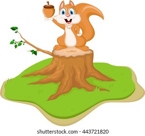 Cute squirrel cartoon holding nut on tree stump