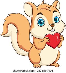 cute squirrel cartoon illustration holding a red heart