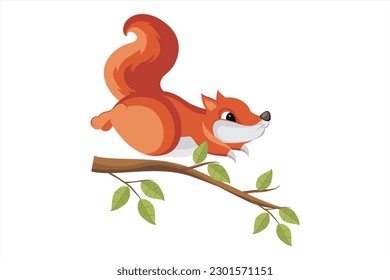 Cute squirrel cartoon jumping on a tree branch