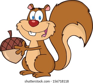 Cute Squirrel Cartoon Mascot Character Holding A Acorn