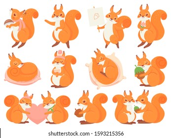 Cute squirrel cartoon mascot. Couple squirrels love, squirrel with nut, mushroom and coffee cup. Funny sleeping animal vector set. Adorable fluffy rodents pack. Forest wildlife stickers collection