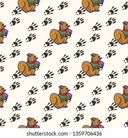 Cute squirrel cartoon seamless vector pattern. Hand drawn forest pawprint tile. All over print for nature blog, paw graphic, wildlife home decor.