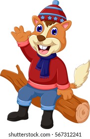 cute squirrel cartoon sitting on the wood
