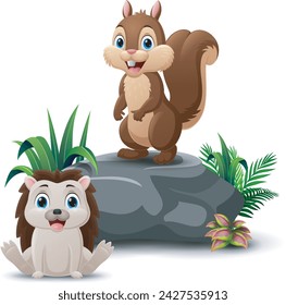 Cute squirrel cartoon standing on the stone