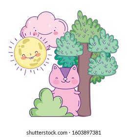 cute squirrel cartoon sun cloud tree bush vector illustration