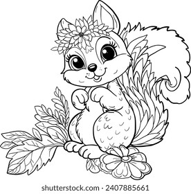 cute squirrel cartoon vector illustration. squirrel coloring book for children. Squirrel black lines. 