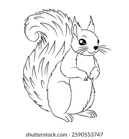 Cute squirrel cartoon, vector illustration, squirrel icon isolated on white background. Line art.