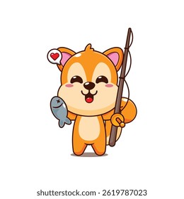 Cute squirrel cartoon vector illustration catching fish with fishing rod