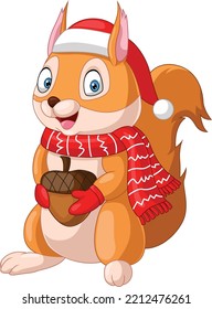 Cute squirrel cartoon wearing scarf and hat holding a nut