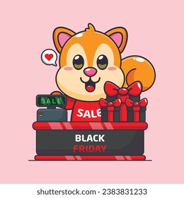 cute squirrel with cashier table in black friday sale cartoon vector illustration