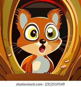 Cute squirrel in a cave. Vector illustration. Cartoon style.