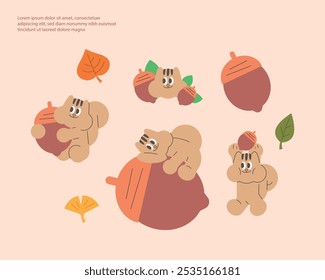 
Cute squirrel character. Autumn, fallen leaves, acorns, simple squirrel, animal characters. autumn mood