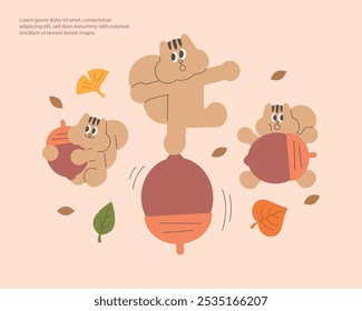 
Cute squirrel character. Autumn, fallen leaves, acorns, simple squirrel, animal characters. autumn mood