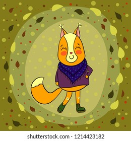 Cute squirrel character in autumn in a scarf, against a background of falling leaves .Vector.