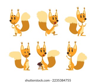 Cute Squirrel Character with Bushy Tail and Friendly Snout Engaged in Different Activity Vector Set