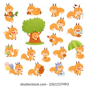 Cute Squirrel Character with Bushy Tail Engaged in Different Activity Big Vector Set