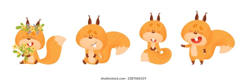 Cute Squirrel Character with Bushy Tail Engaged in Different Activity Vector Set