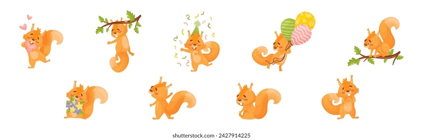 Cute Squirrel Character with Bushy Tail Engaged in Different Activity Vector Set