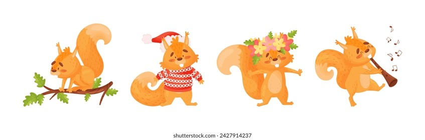 Cute Squirrel Character with Bushy Tail Engaged in Different Activity Vector Set