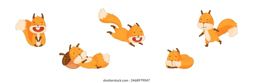 Cute Squirrel Character with Bushy Tail Engaged in Different Activity Vector Set