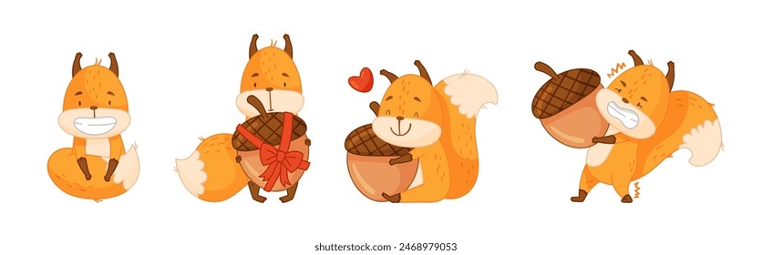 Cute Squirrel Character with Bushy Tail Engaged in Different Activity Vector Set