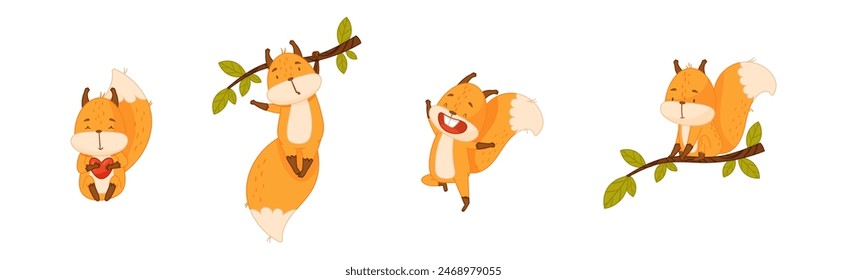 Cute Squirrel Character with Bushy Tail Engaged in Different Activity Vector Set