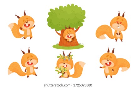 Cute Squirrel Character Doing Different Activities Vector Set