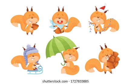 Cute Squirrel Character Doing Different Activities Vector Set