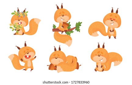 Cute Squirrel Character Doing Different Activities Vector Set