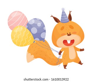 Cute Squirrel Character Holding Balloons and Walking to Birthday Party Vector Illustration