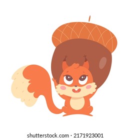 Cute squirrel character holding big acorn vector illustration. Cartoon happy furry animal with funny expression on adorable face lifting heavy nut from oak tree in autumn forest isolated on white