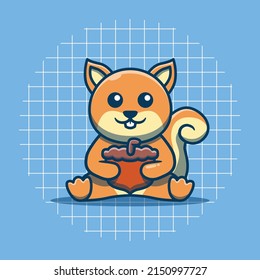 Cute squirrel character hugging an acorn vector illustration. Flat cartoon style.