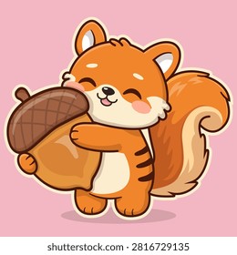 Cute Squirrel Character Hugging Giant Acorn, Flat Cartoon Illustration for Children Book, Food Sticker, Nursery Wall Art, and Kids Product Design