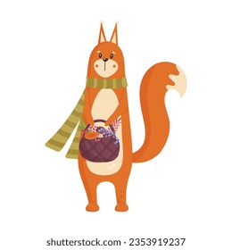 Cute squirrel character with khaki scarf, basket with berries, mushrooms and leaves. Animal character in cartoon style.