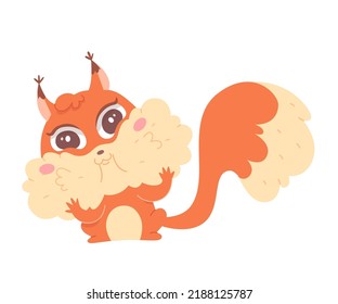 Cute Squirrel Character With Mouth Full Food To Eat Vector Illustration. Cartoon Adorable Portrait Of Funny Hungry Rodent Eating Nuts, Happy Fat Furry Animal Holding Big Cheeks Isolated On White