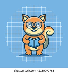 Cute squirrel character reading a book with glasses vector illustration. Flat cartoon style.