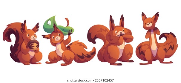 Cute squirrel character set. Cartoon mascot in different poses - holding acorn, hiding under green leaf umbrella, eating and standing tall. Expressive forest animal with brown fur and playful gestures