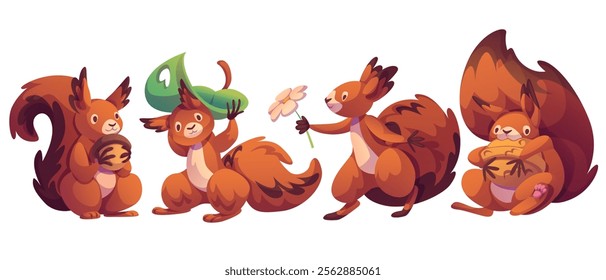 Cute squirrel character set in different poses - furry woodland creature holding acorn, hiding under leaf umbrella, presenting flower and hugging nut. Cartoon forest animal mascot with fluffy tail.